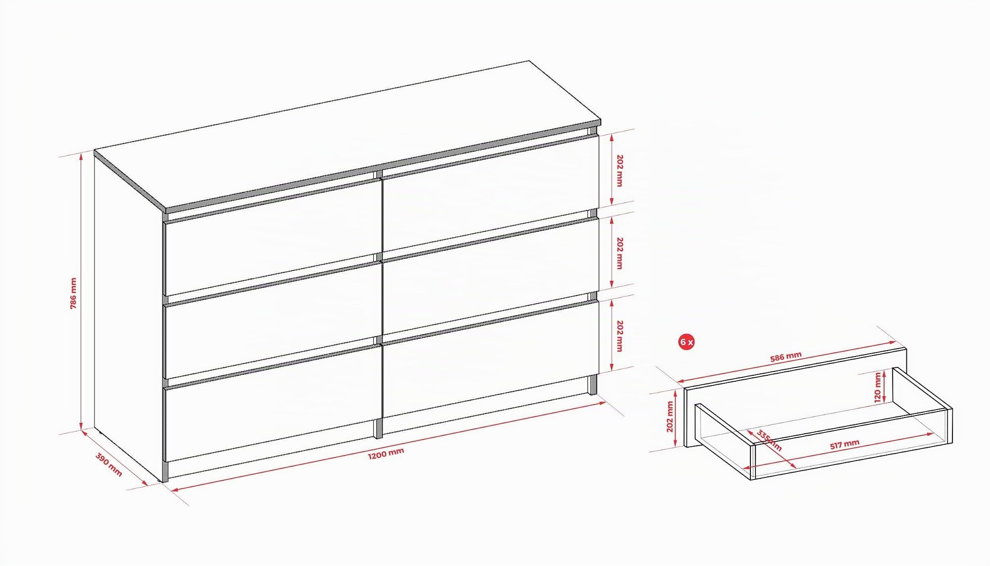 3xE living Cassettiera 6 cassetti 120 cm (Antracite)
