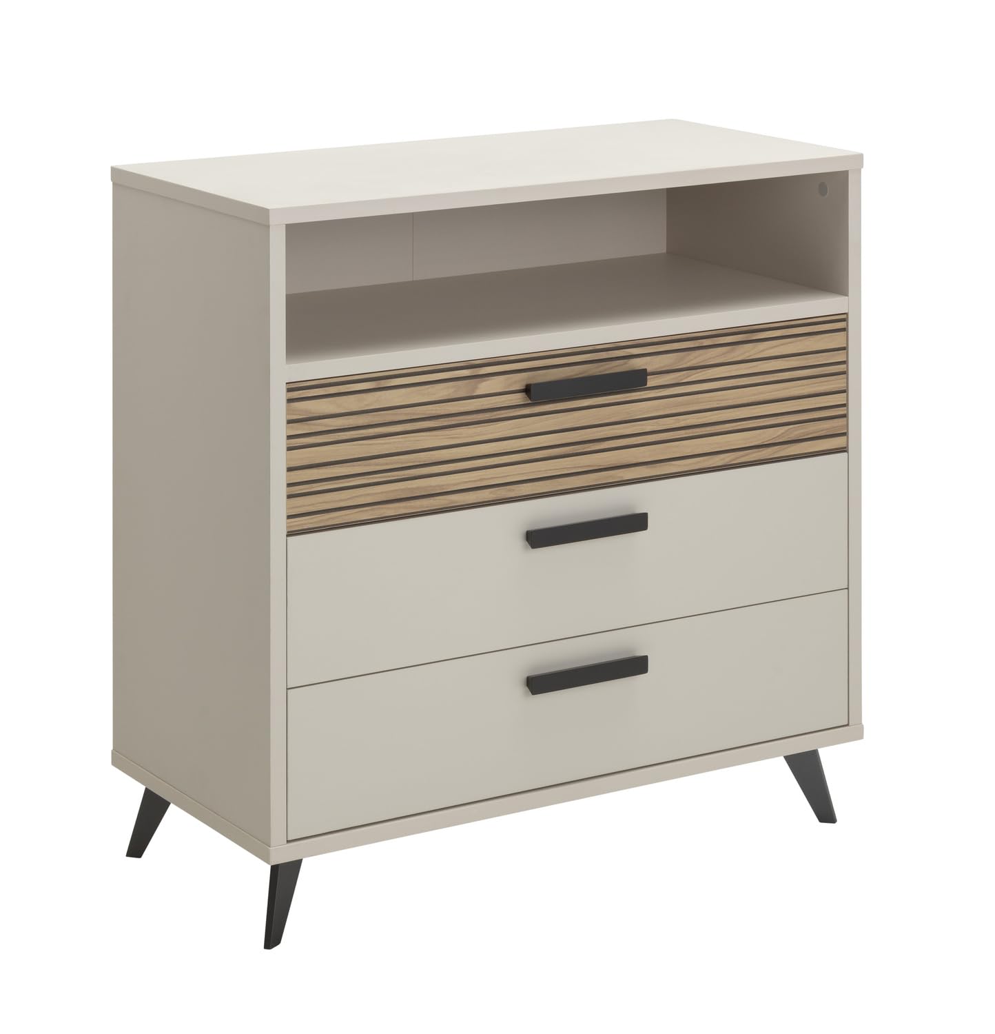 Composad | Cassettiera della Linea BRAVO con 3 Cassetti e 1 Vano Aperto, Cassettiera Per Cameretta Bambini, Moderna, (LxAxP): 91,2x94,8x44,7 cm, Grigio Cashmere Topmatt e Strippedwood
