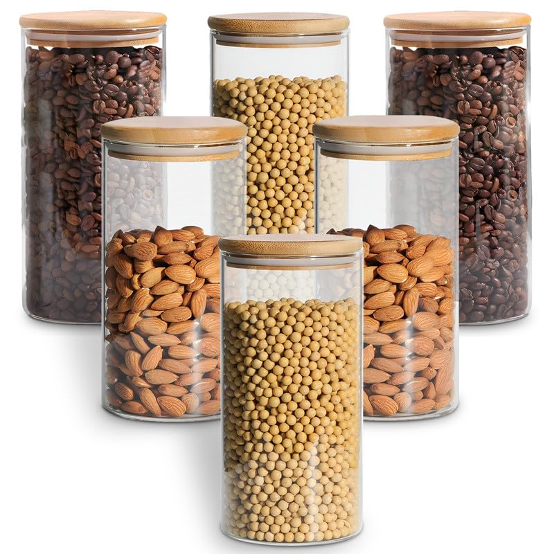 Image of Allo 1000ML Kitchen Storage Box Glass Jars With Wooden Lids - Borosilicate Glass Food Storage Containers Airtight Glass Jar for Tea, Coffee, Spice, Pulses, Masala (Round Glass Jar - Set of 6)