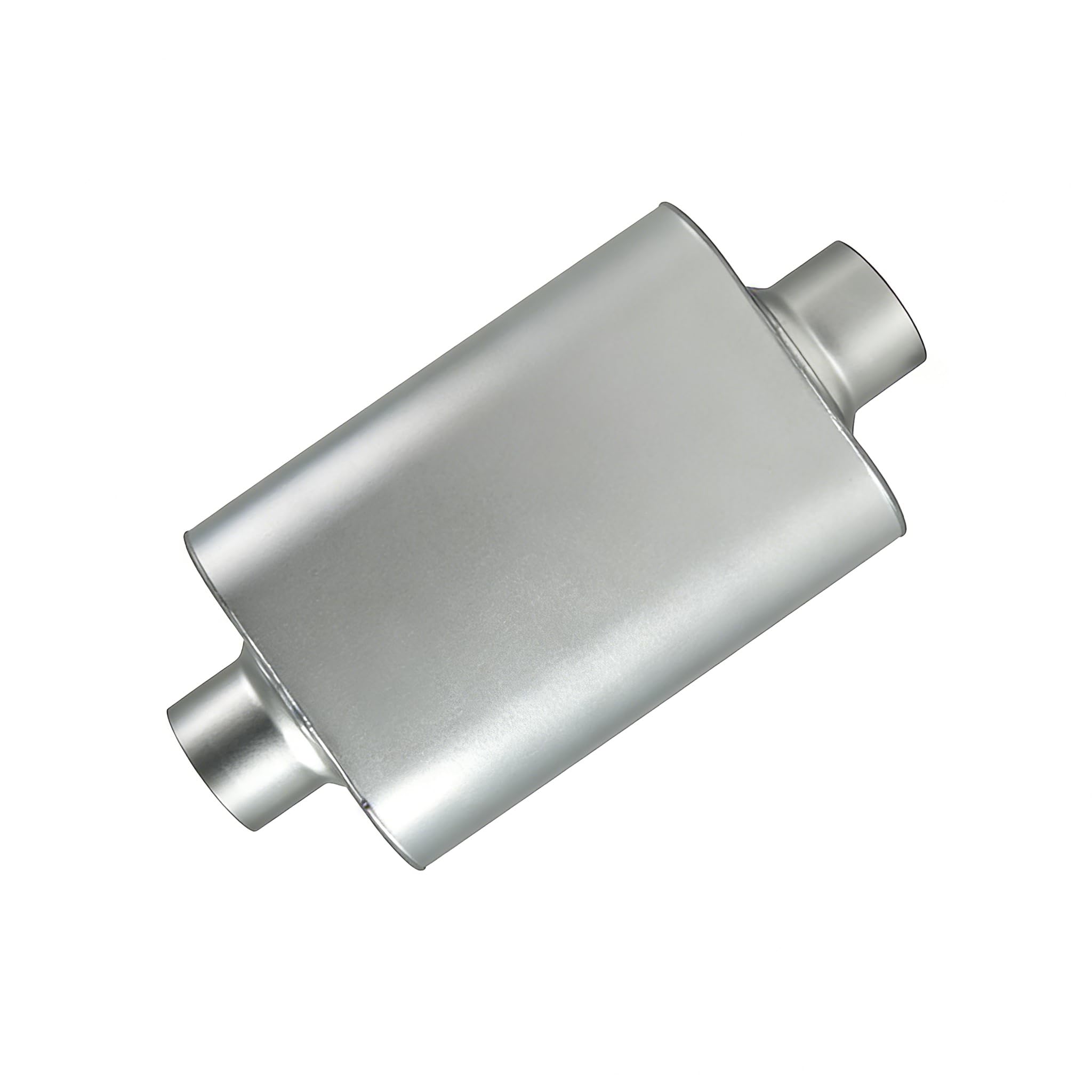 Photo 1 of **FACTORY SEALED**  Universal 2.5" ID Center/Center Dual Chamber Muffler - Aggressive Deep Sound, Silver Aluminized Steel, Welded/Clamp-On (17" Total Length)