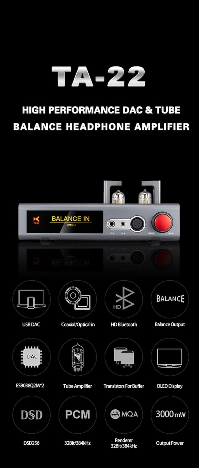 XDUOO TA-22 DAC&Tube Balance Headphone Amplifier ES9038Q2M*2 USB DSD256 32Bit/384kHz HD Bluetooth DAC Amp