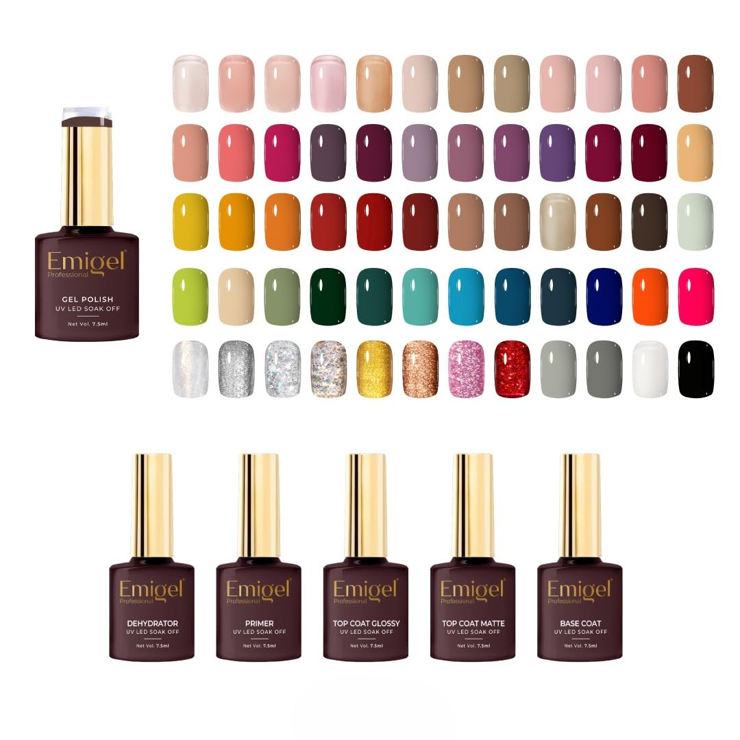 Emigel Professional 65 Pcs UV Gel Nail Polish Kit with Glossy/Matte Top Coat, Base, Primer & Dehydrator | Complete All-in-One Set with Vibrant Gel Colours | Salon-Quality DIY Nail Starter Gift Set-image-38
