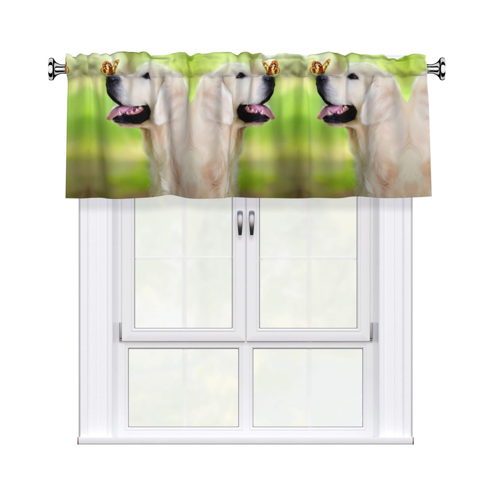 WHJSHOP Golden Dog with Butterfly Prints Curtain Valance 54x18in - Peach Skin Kitchen Window Layer, Filtered Light & Quick-Install Rod Pocket Cover