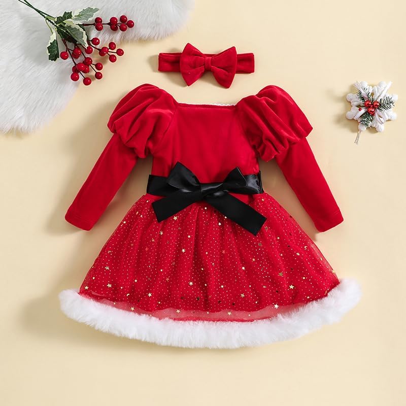 Thorn Tree Toddler Girls Christmas Dresses Velvet Santa Claus Red Princess Tutu Dress Puff Shoulder Dress Headband - Image 8