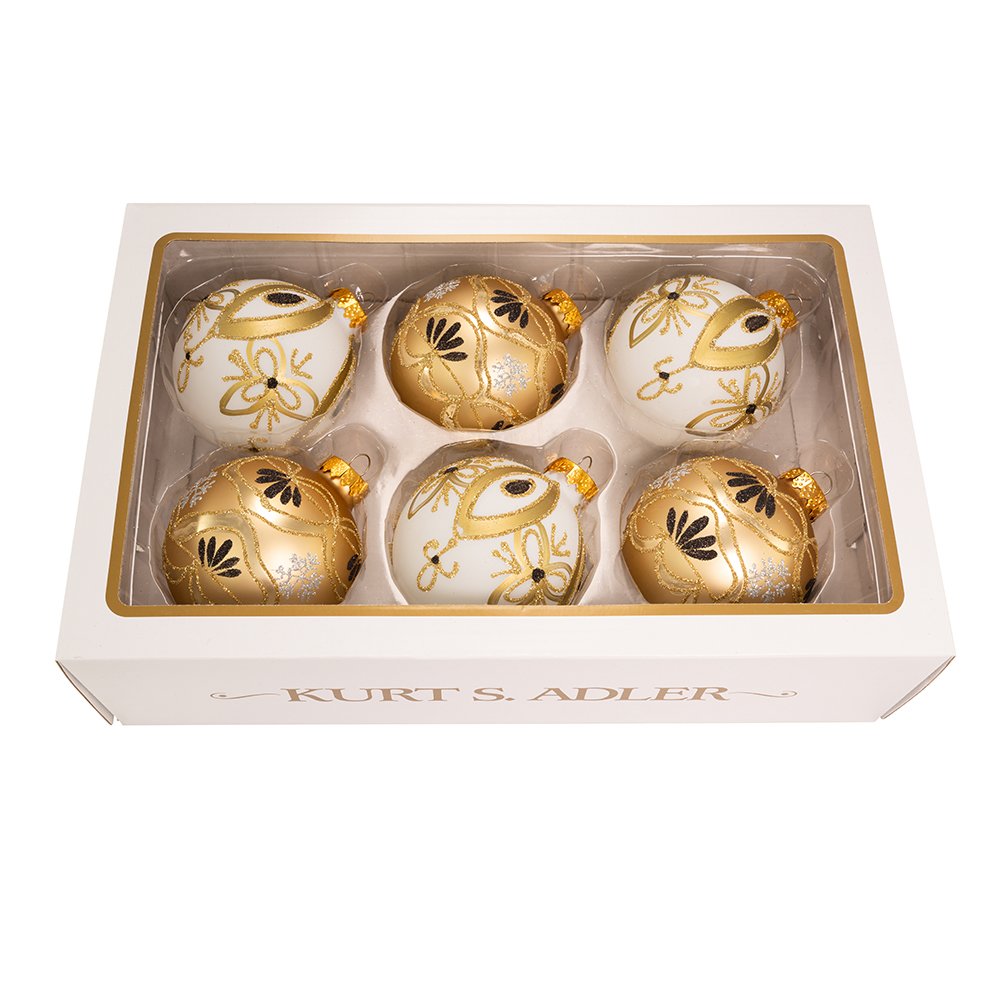 Kurt S. Adler 80MM Glass Gold and White Deco Ornament Set, 6 Piece Set