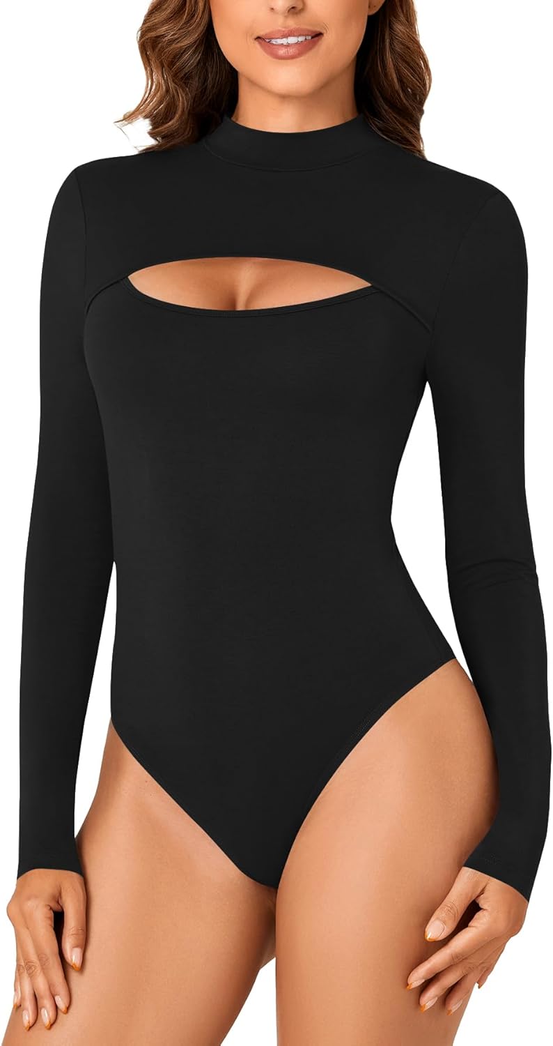LYANER Women's Mock Neck Sexy Cutout Front Long Sleeve Slim Fit Bodysuit Leotard Top - Image 3