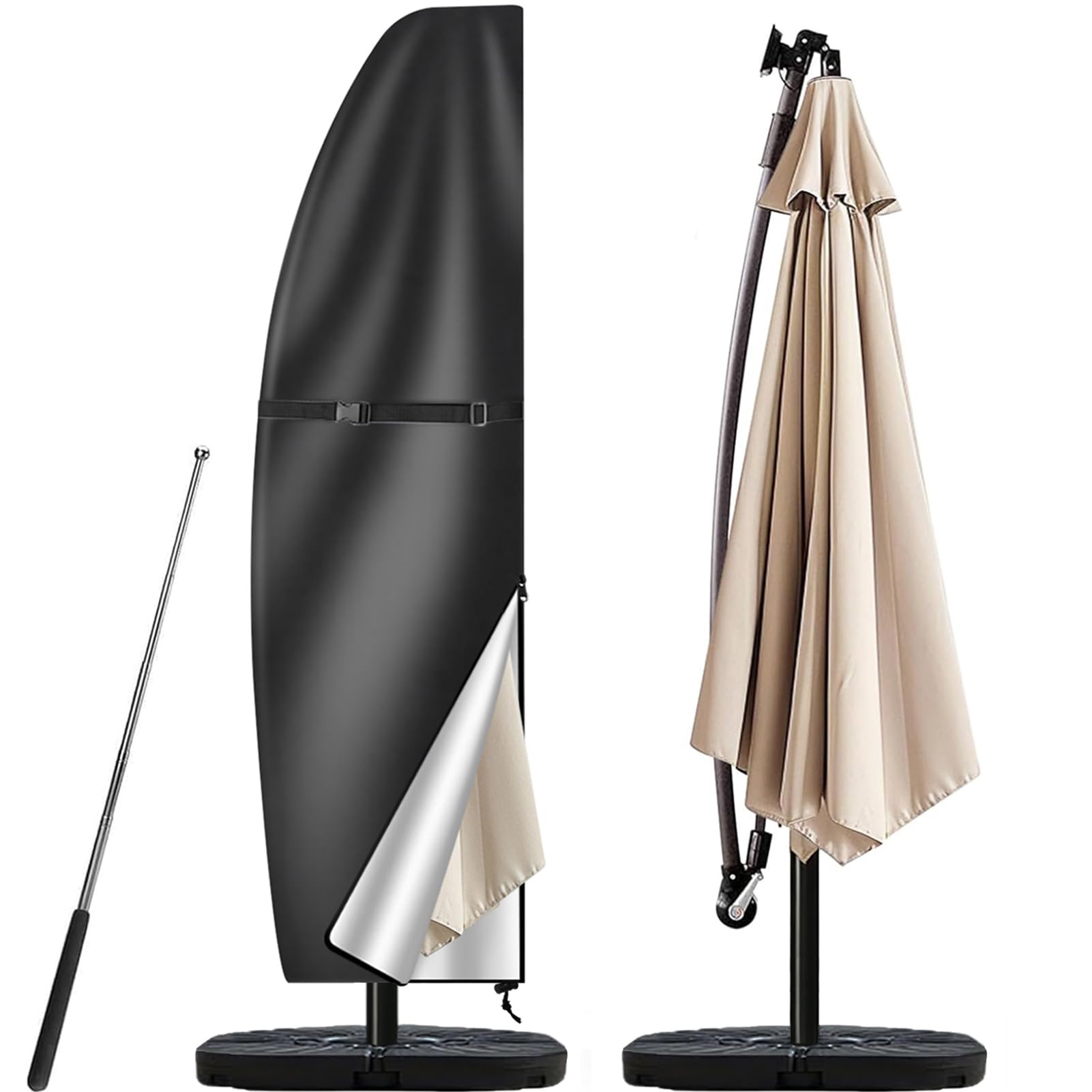 Teynewer Black Parasol Cover Waterproof, Garden Cantilever Umbrella Cover With 210D Oxford Fabric, Telescopic Rod And Zipper Fit For 1 To 3 M Banana Patio Umbrellas, Windproof & Anti-Uv - 205X25x57/48Cm