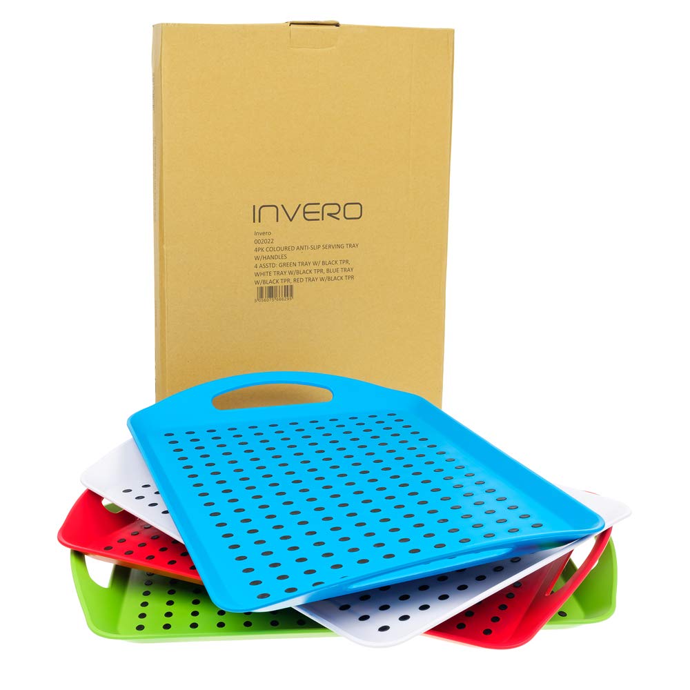 Invero Juego de 4 bandejas antideslizantes de plástico superior e inferior con superficie de goma de agarre, base acolchada antideslizante y asas, ideal para cocinas y hogares, (46 x 31 cm)