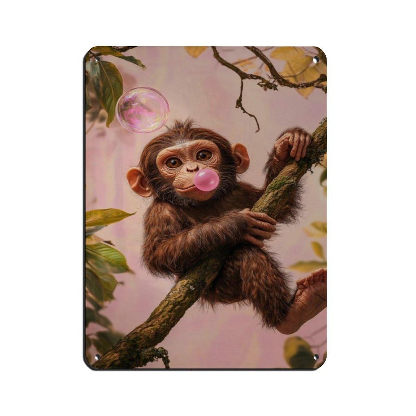 Adorable Baby Monkey Blowing Bubble Gum Art Tin Sign Vintage Metal Pub Club Cafe Bar Home Wall Art Decoration Poster Retro 12x16inch(30x40cm)