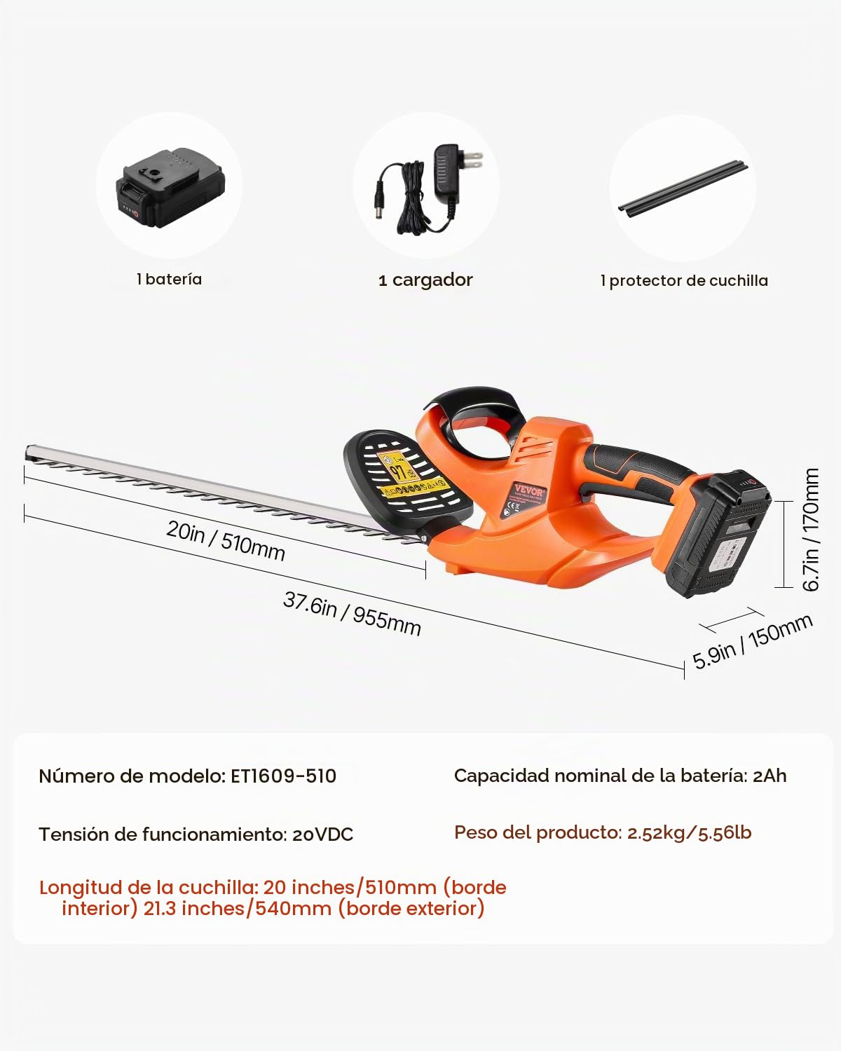 VEVOR Cortasetos Eléctrico, 1200 RPM Cortasetos Inalámbrico con Cuchilla de Doble Acción de 510 mm y Diseño Seguro, Batería de 2 A, para Ramas Bajas, Jardinería, Cuidado del Césped del Patio