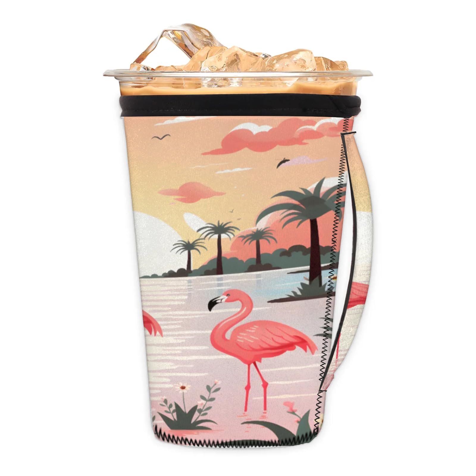 Coconut Sunset Flamingo Reusable Neoprene Coffee Sleeve with Handle Insulated Iced Coffee Cup Holder Reduces Condensation Fits 24-28 oz Cups M