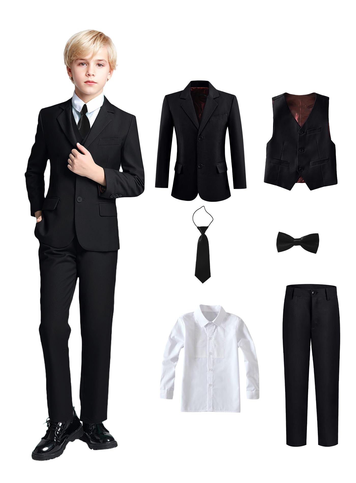 Toddler Boys Suits Size 5T Boy Slim Fit Tuxedo Suit Formal Wedding Outfit Blazer Pants Vest Shirt Necktie and Bow Tie 6 Piece Black Kids Suit