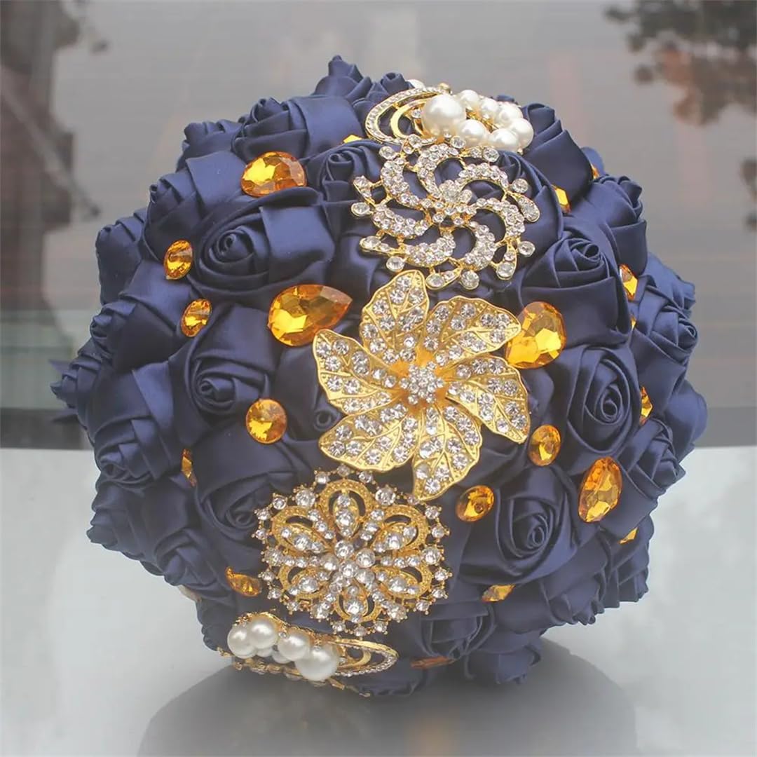 HJRegaFimu Gold Brooch Hand Holding Flower Bouquets Bridal Bridesmaid Crystal Silk Wedding Bouquet 18cm Light En8