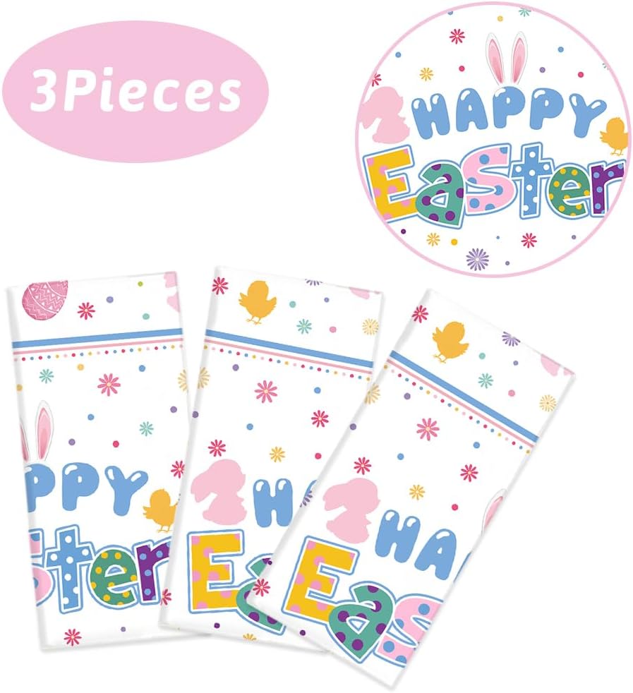AIBIIN 3 Pcs Easter Tablecloth Decorations Bunny Happy Easter Decorations Table Cloths Colorful Rabbit Eggs Spring Plastic Tablecloth Family Table Cover 108 x 54 Inch