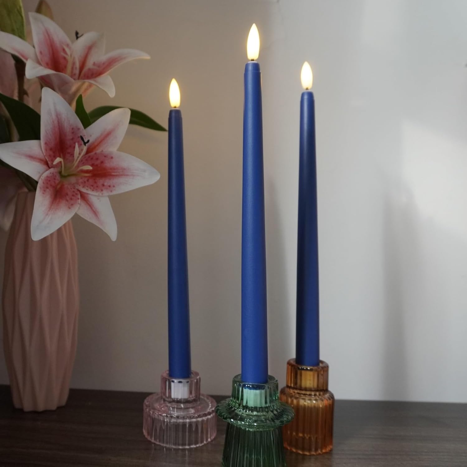 Navy Blue Flameless Taper Candles with Remote Timer, Flickering Battery Powered LED Candlesticks Set of 3