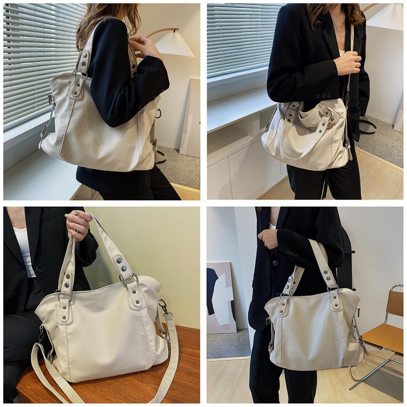 Hobo Handtasche Schultertasche Shopper Henkeltasche Damenhandtasche aus PU-Leder Damen Tasche Hobo Damentasche Umhängetasche Taschen für Frauen Mutter Weiß