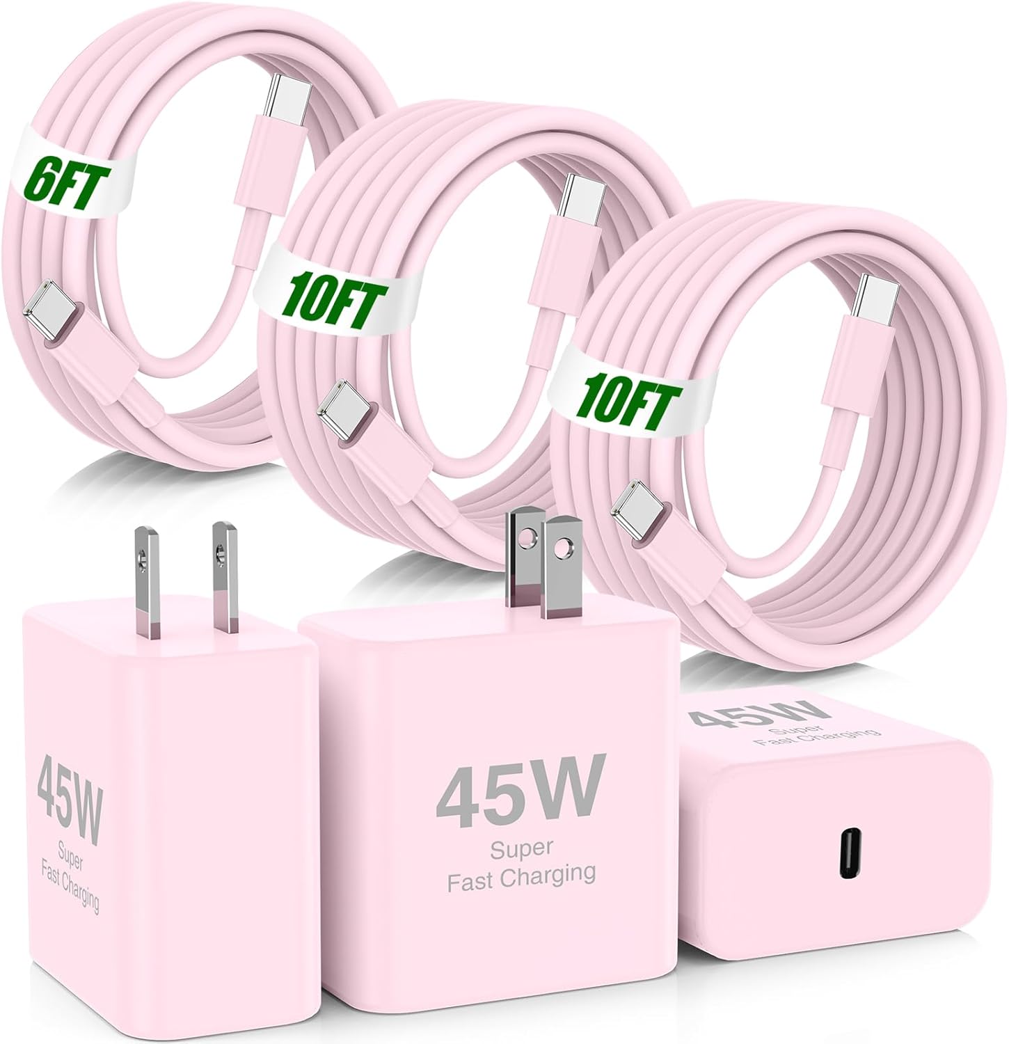45W iPhone 17 16 Pro Max Charger Fast Charging,3Pack USB C Fast Charger Block with Long 10/10/6FT C to C Cable for Apple 17 Pro Max/16 Pro/15/iPad 13th,PD Quick Adapter 3.2 for iPhone 17-Pink