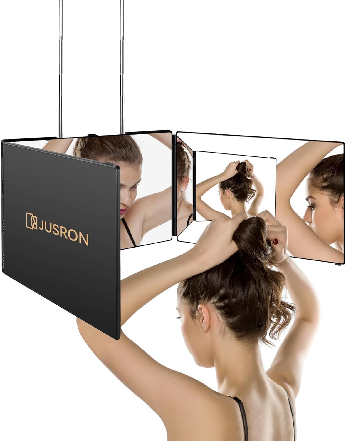 JUSRON 360 Viewing Angle Self Hair Cutting Mirror, Clear Anti-Fog HD Glass (Black Without LED Without Accessories)