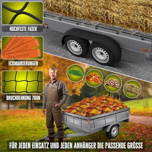 KESSER® Anhängernetz 2x3m feinmaschig | Hängernetz mit Spannseil & Netzkordel | Containernetz für Ladungssicherung | Sicherungs-Netz Eckmarkierungen Expander-Haken & Befestigungsknöpfen Schwarz