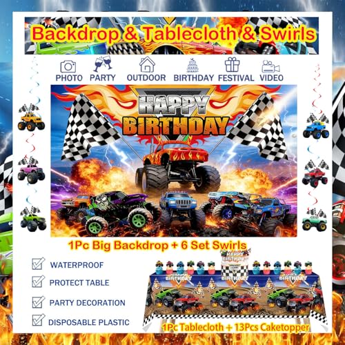 Truck Birthday Party Decorations Kit – 77Pcs Truck Theme Supplies with Reusable Backdrop, Hanging Swirls, Table Cover, Truck Foil Balloons, Cake Toppers & Latex Balloons for Truck Party, Room Decor — view 4