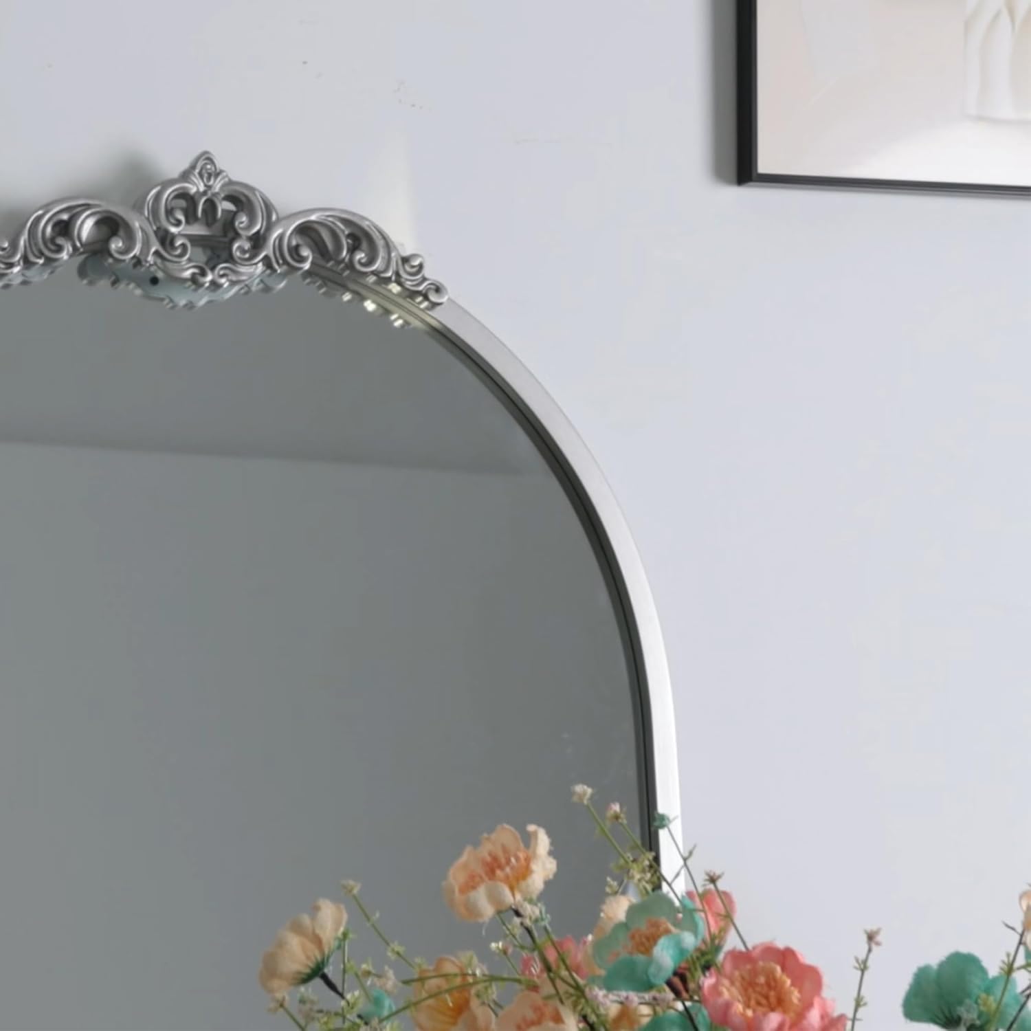 26''x20'' Antique Silver Arched Wall Mirror with Metal Flower Carving Frame, Small Vintage Retro Baroque Mirror Ornate, Vanity Mirror for Bathroom, Fireplace, Entryway, Living Room
