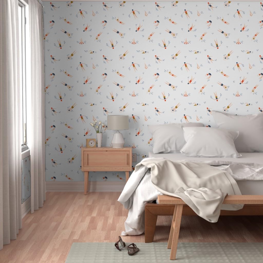 Peel & Stick Wallpaper Swatch - Cute Swimmers White Light Swimming Hand Drawn Custom Removable Wallpaper by Spoonflower