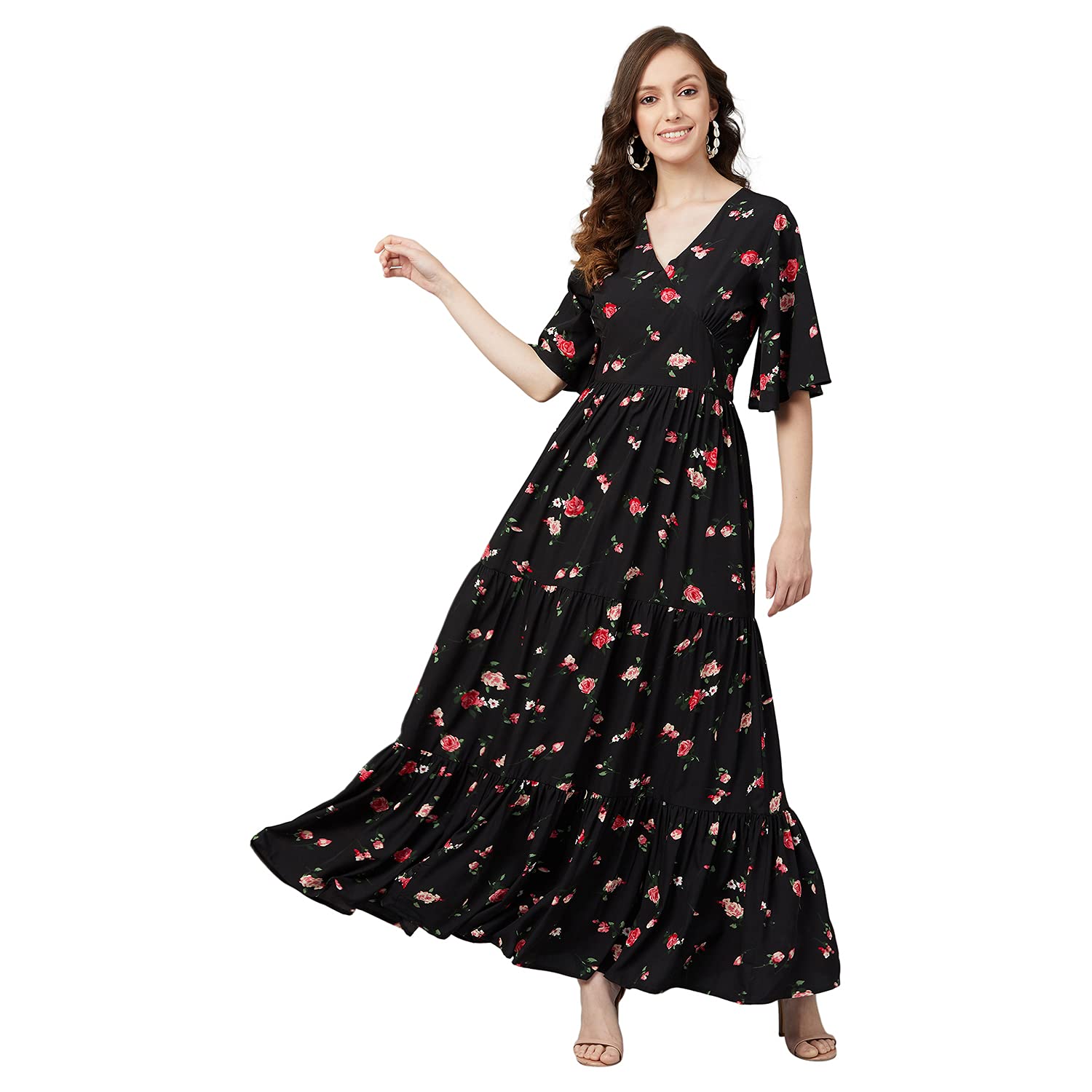Rare Women's Crepe Fit And Flare Maxi Casual Dress (Ep6216_Black_Large)