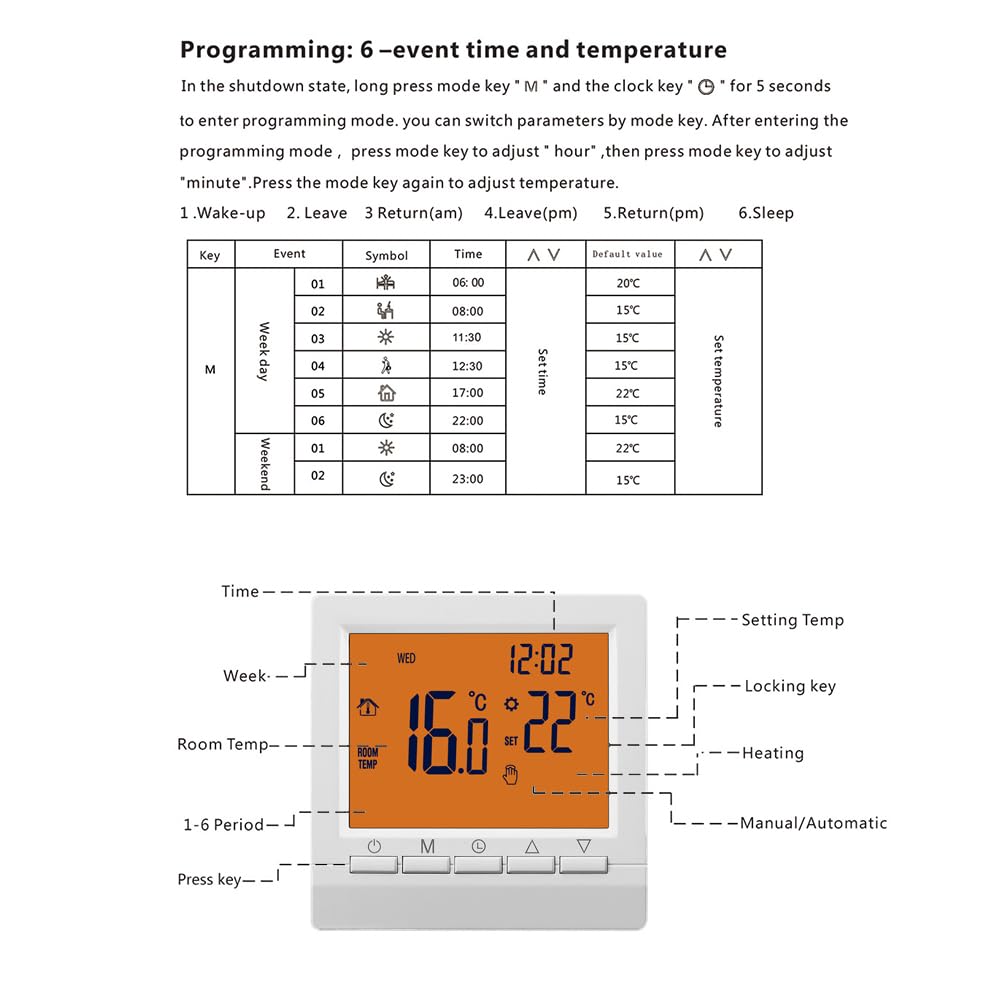 Thermostat intelligent programmable, thermostat mural, chaudière à gaz, régulateur de température de chauffage avec grand écran LCD, sans WiFi