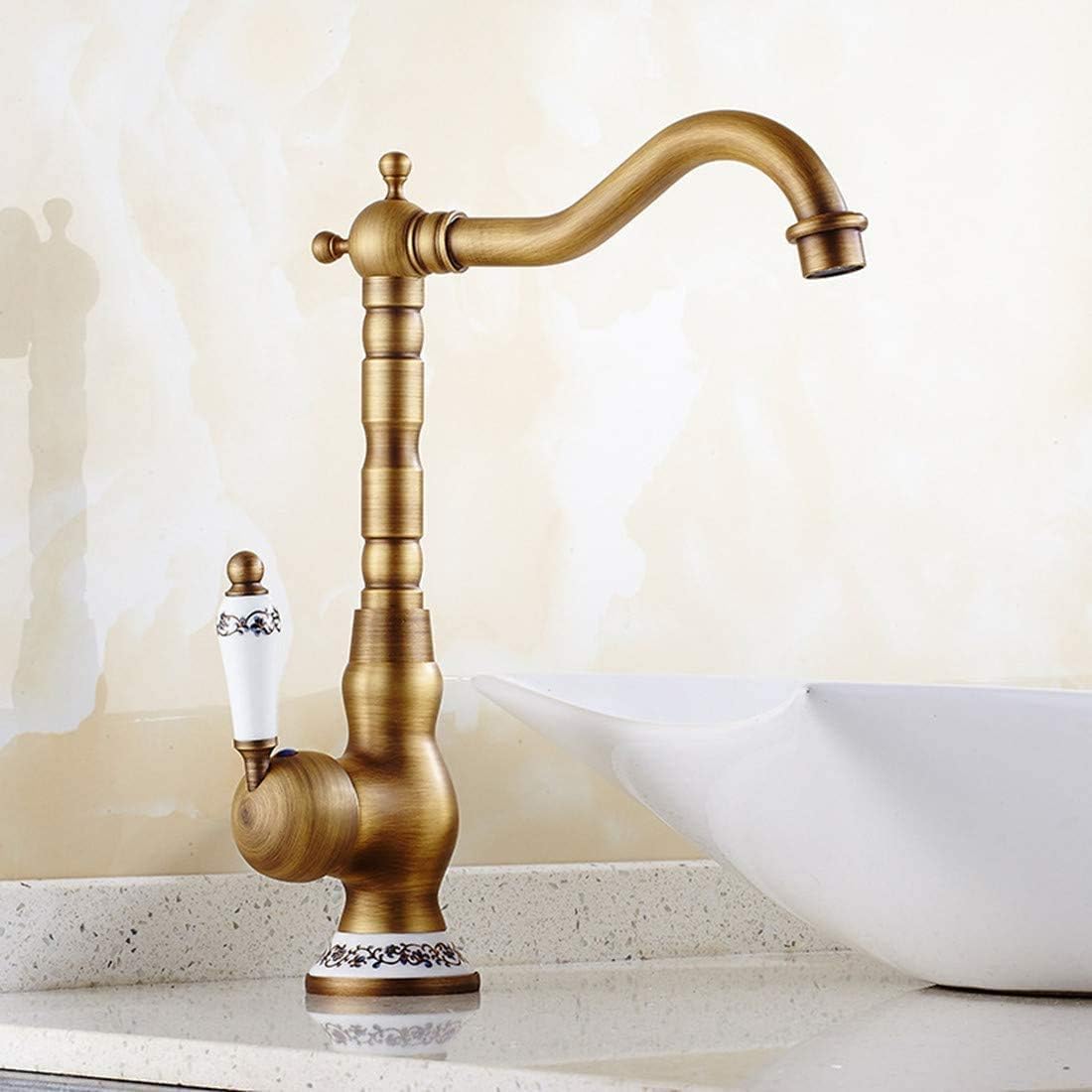 Namuoto Robinet Lavabo Retro Poignée Unique Robinetterie de Lavabo Robinet Salle de Bain, Style Rétro, Poignée en Céramique（Laiton Antique, Haut)