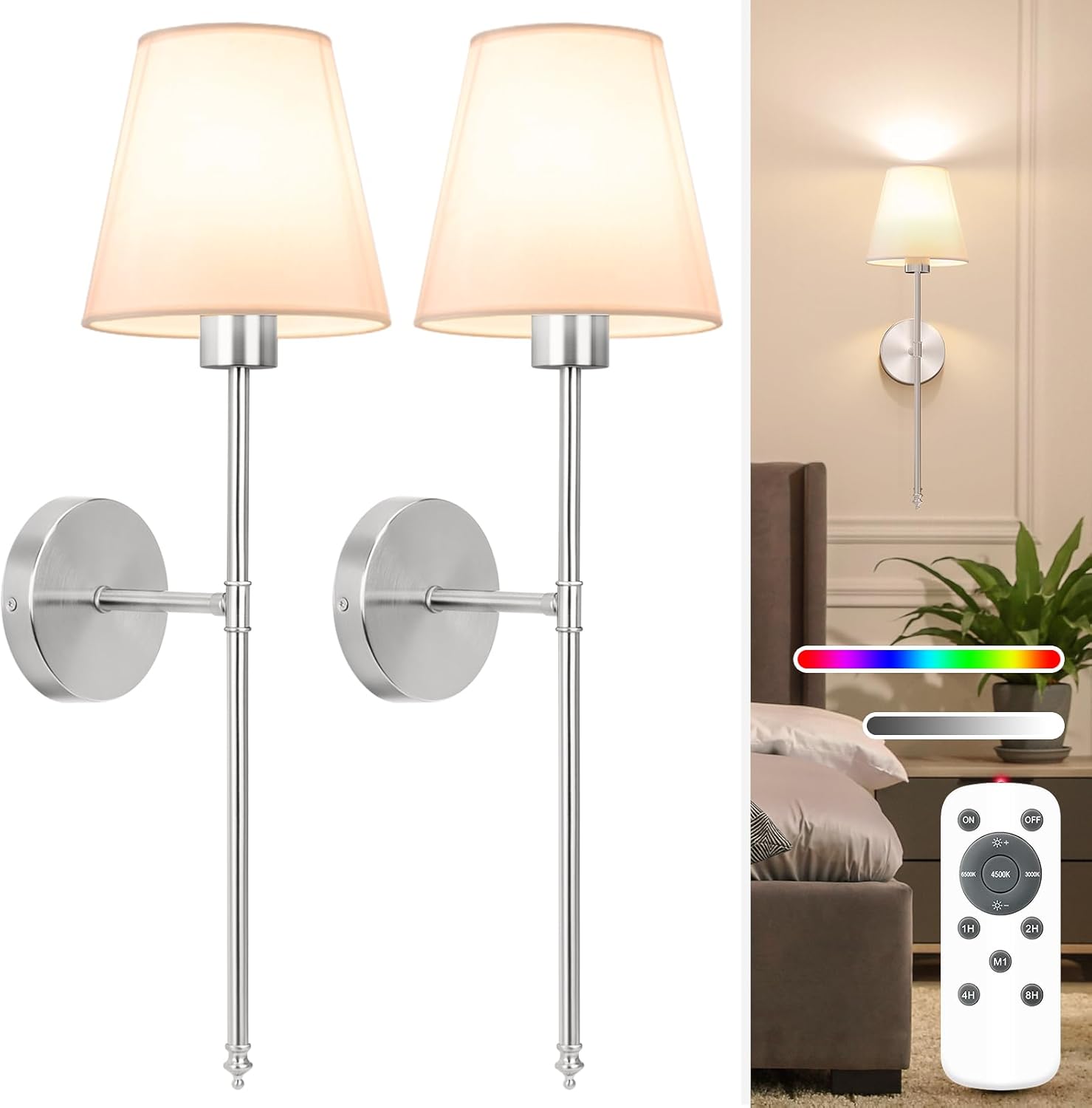 NIORSUN Battery Operated Wall Sconce Set of 2,Brushed Nickel Rechargeable Wall Lights with 5200mAh Dimmable Detachable Bulbs and Remote, 10 Colors Wireless Sconces for Bedroom Living Room Hallway Brushed Nickel 24 inch