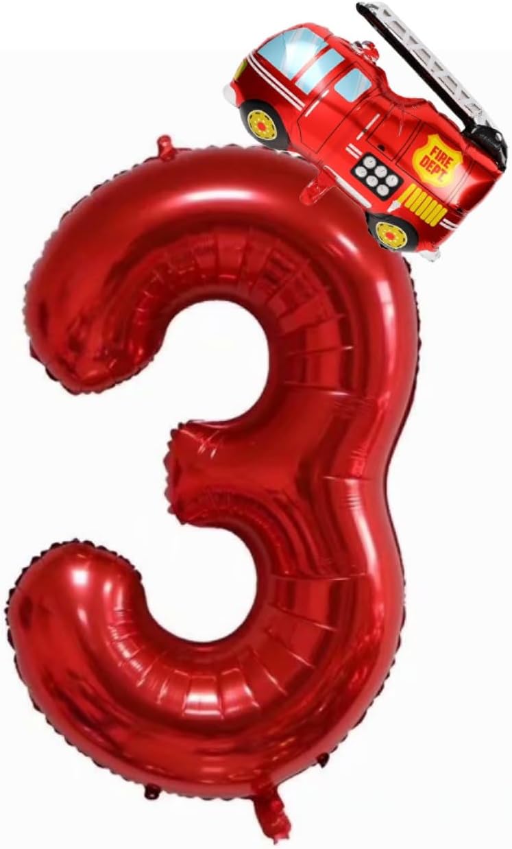 Firefighter Party Decorations Balloons,Fire Truck Balloons Number 3 Red， Fire Truck 3rd Birthday Party Supplies Balloons ，Large Foil Fire Truck Balloon Helium (Fire Truck Red 3)