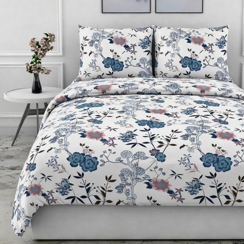 Image of DECOR2ADMIRE Premium Cotton Bedsheet Double King Size 90x100 Inches, 300 TC Soft Breathable Printed Bed Sheet with 2 Pillow Covers (White Multi Floral, Double 90 inch x 100 inch)