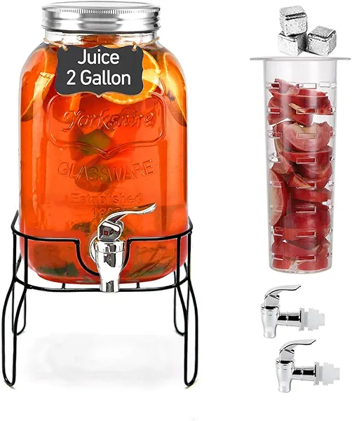 2 Gallon Drink Dispensers for Parties, Sun Tea Glass Jar for Outside 2 Press-Spigots(Easy for Kids) Juice Dispensers for Parties, Glass Water Dispenser Beverage Dispensers with Stand