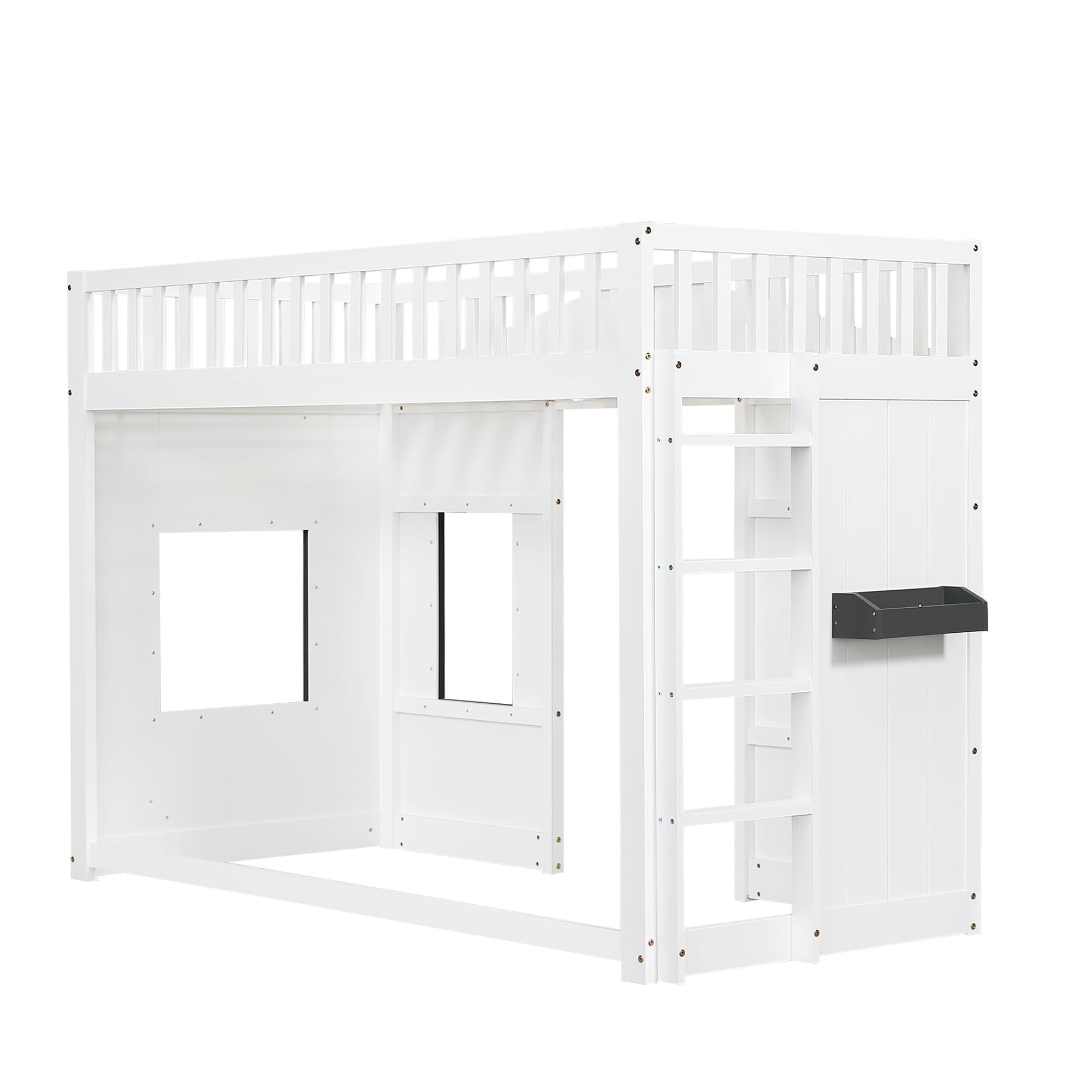 Kinderbett Etagenbett 90x200, Hausbett Hochbett mit Fenster & Regal, Bettgestell mit Rausfallschutz und Lattenrost, Funktionsbett Stockbett Spielbett Jugendhochbett, Kiefernholz, Ohne Matratze, Weiß