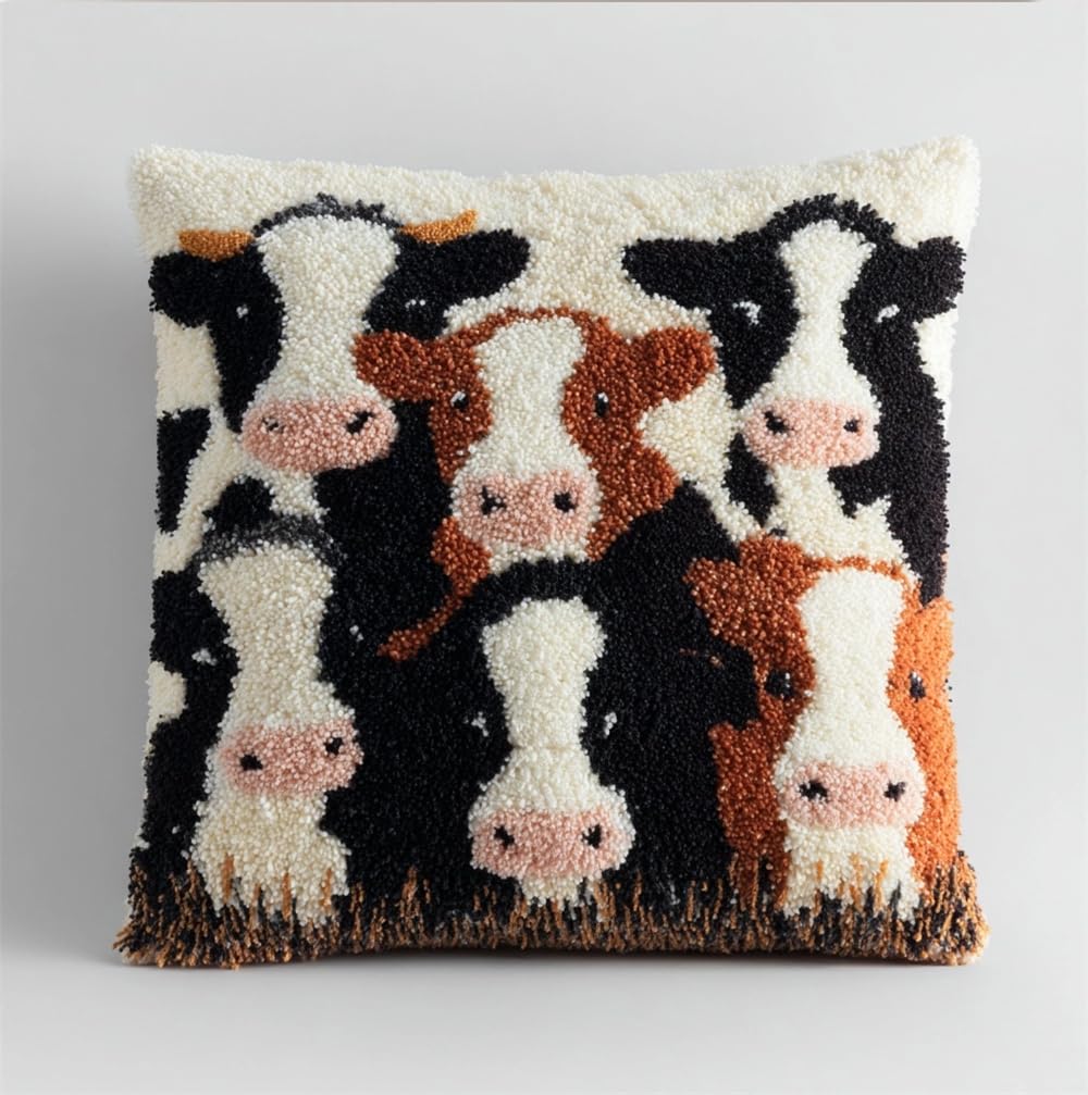 Latch Hook Pillowcase Embroidery Kit,Cows in A Pen