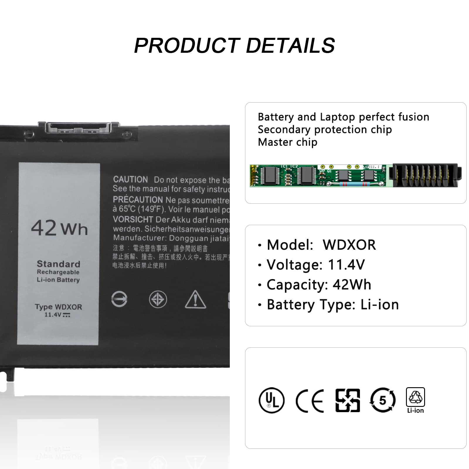 Batterie Replacement Pour Dell Latitude Et Inspiron - Modèle WDX0R, 42Wh, Li-ion, Compatible Multiple Modèles