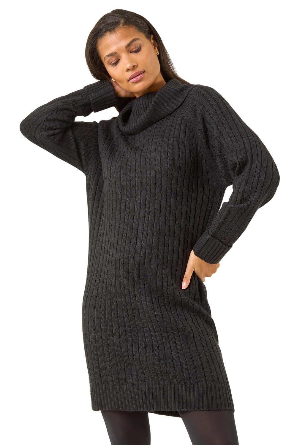 Roman Women's Black Roll Neck Knitted Jumper Dress In | Size: 18