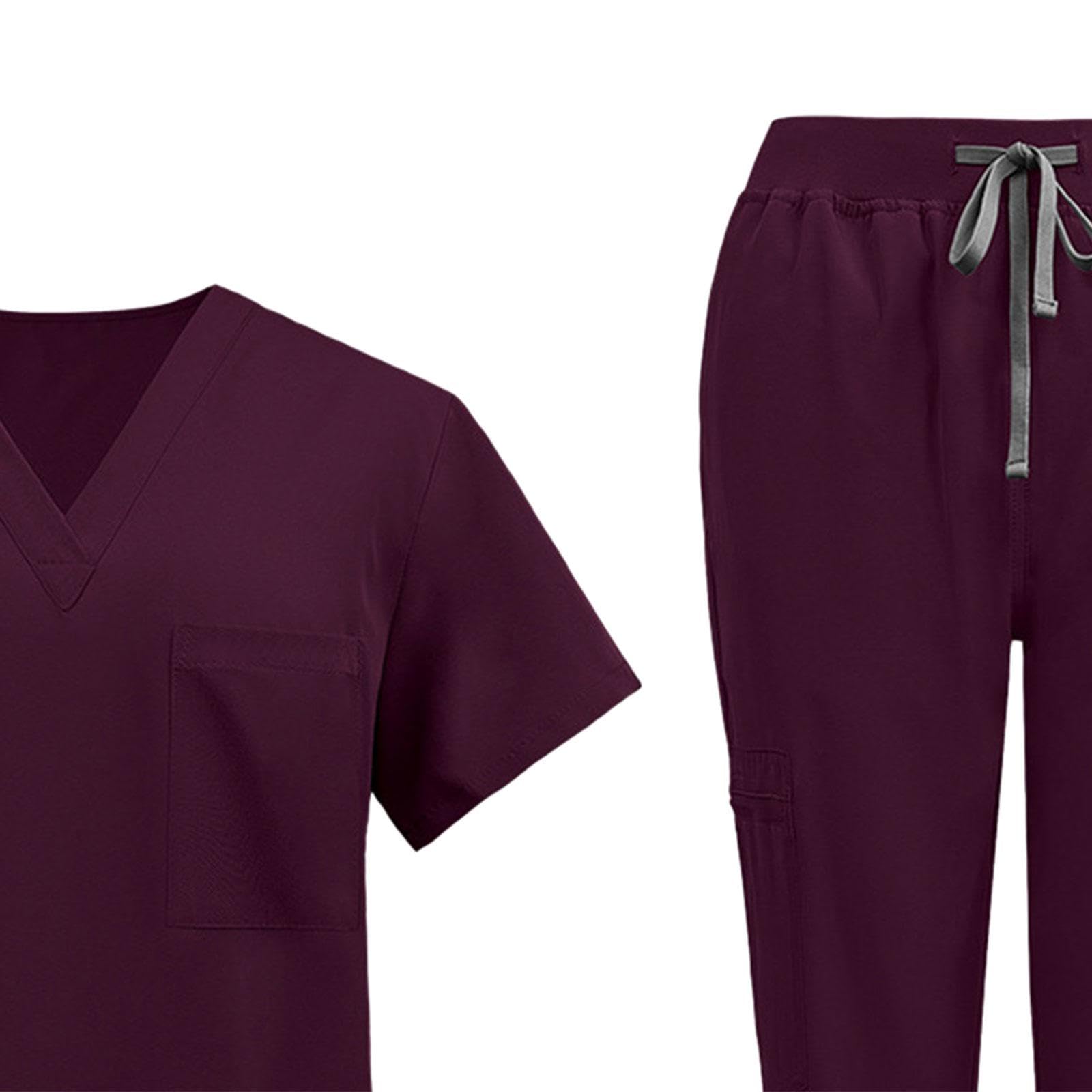 Amagogo Uniformen OP-Bekleidungsset Arbeitsanzüge, Krankenschwester-Oberteil und -Hose Damen-Pflegeuniform V-Ausschnitt Kurzarm-Arbeitskleidung für Pet Shop, Dunkelrot, m