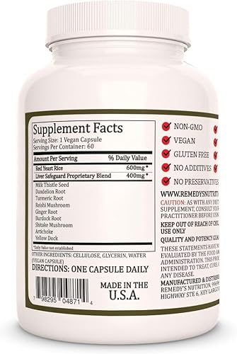Miniatura 2 de Remedy's nutrition Arroz de levadura roja con protección hepática (mezcla patentada de hierbas) | 1,000 mg, 60 cápsulas veganas Suplemento dietético