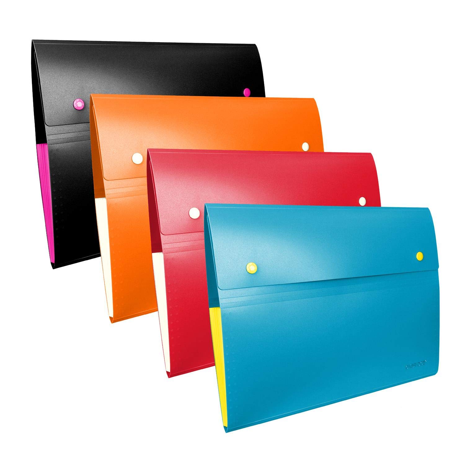 Oxbridge Expanding A4 File Folder 8 Pocket Plastic Accordion File Organiser - Set of 4 Colours: Black, Red, Orange & Blue - Suitable for Home, School or Office Use.