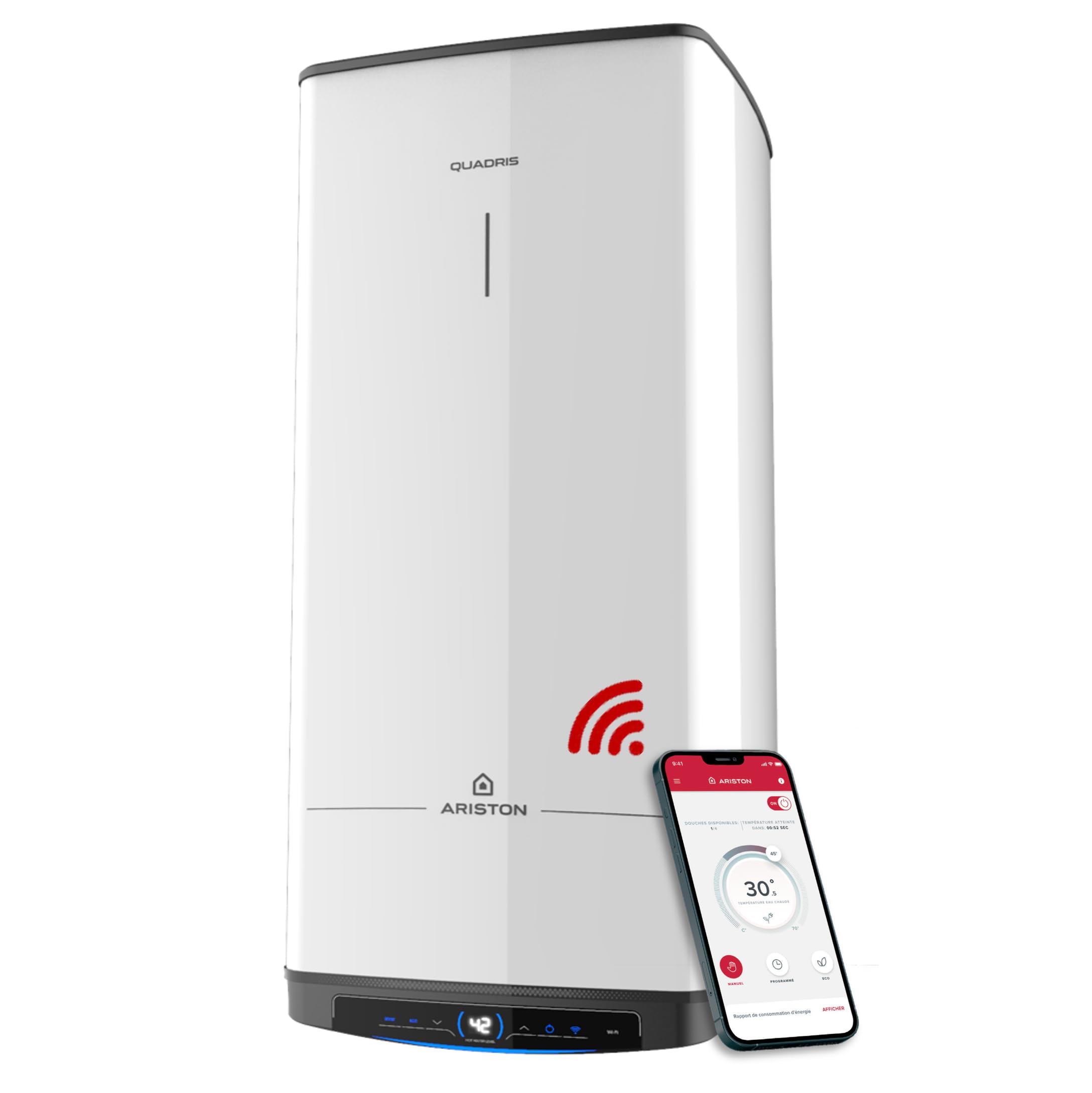 Ariston Quadris WiFi 120L, Chauffe Eau Électrique Compact, Intelligent, Connecté, Steatite, 25% d'Économie d'Énergie, Eco Evo, Fabriqué en France, Gain de place jusqu'à 1m2 au sol.