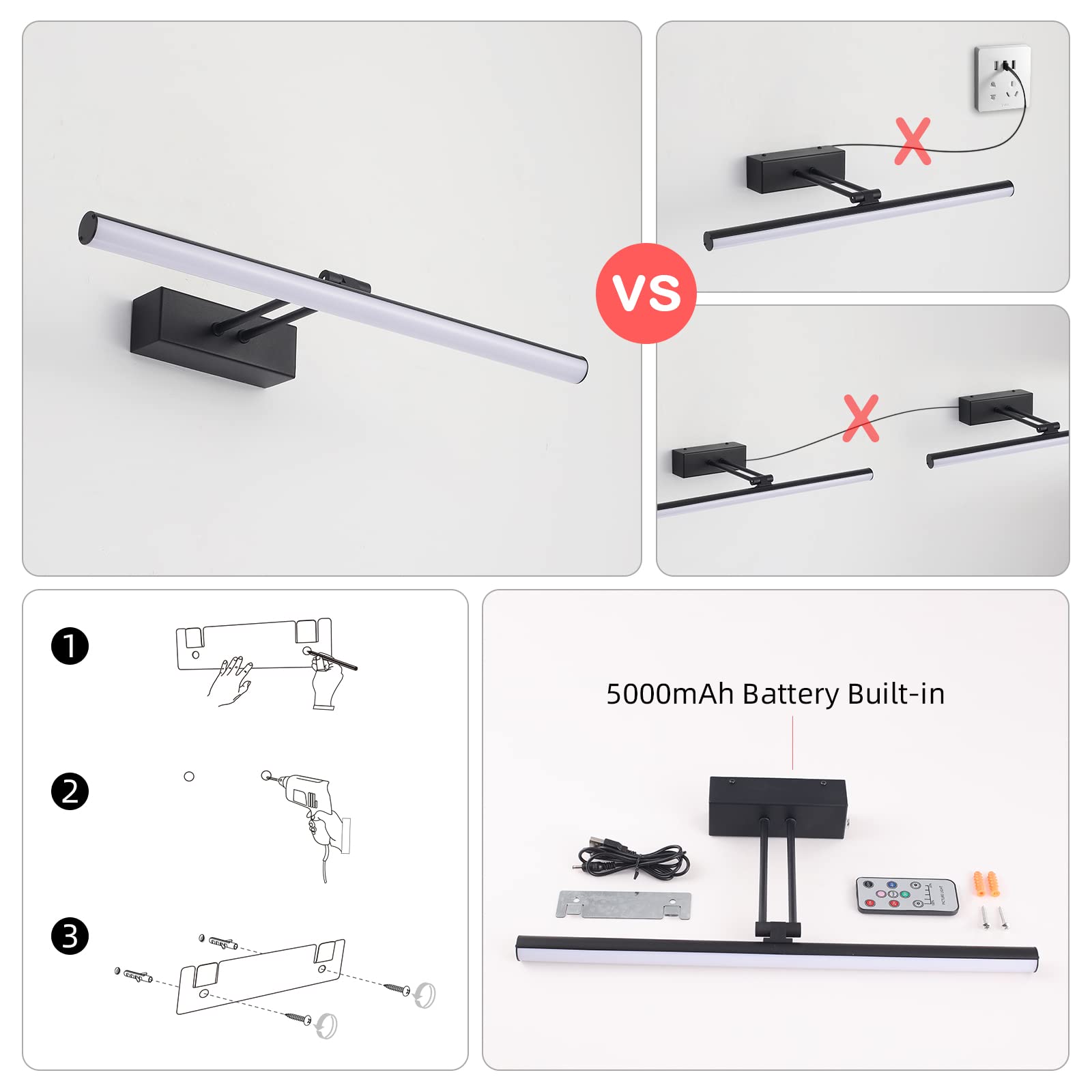 HOWMZON Battery Picture Lights,Rechargeable Painting Light with Dimmable and Timer,16" Metal Art Lighting,Head Rotatable Wall Sconce Accent Lights for Wall Gallery Photots Frame (Black)