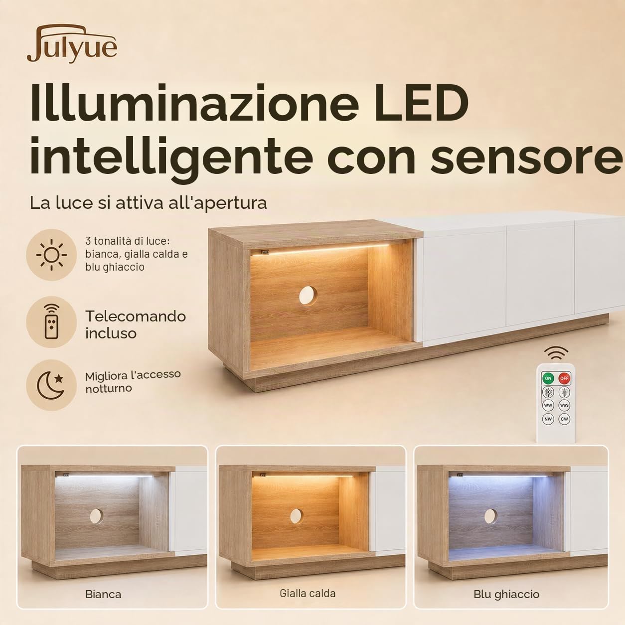 Mobile TV estensibile con luci LED intelligenti, supporto per TV fino a 75", striscia LED con sensore e telecomando, con USB e archiviazione integrata (bianco moderno, 163-240 × 38 × 44cm)