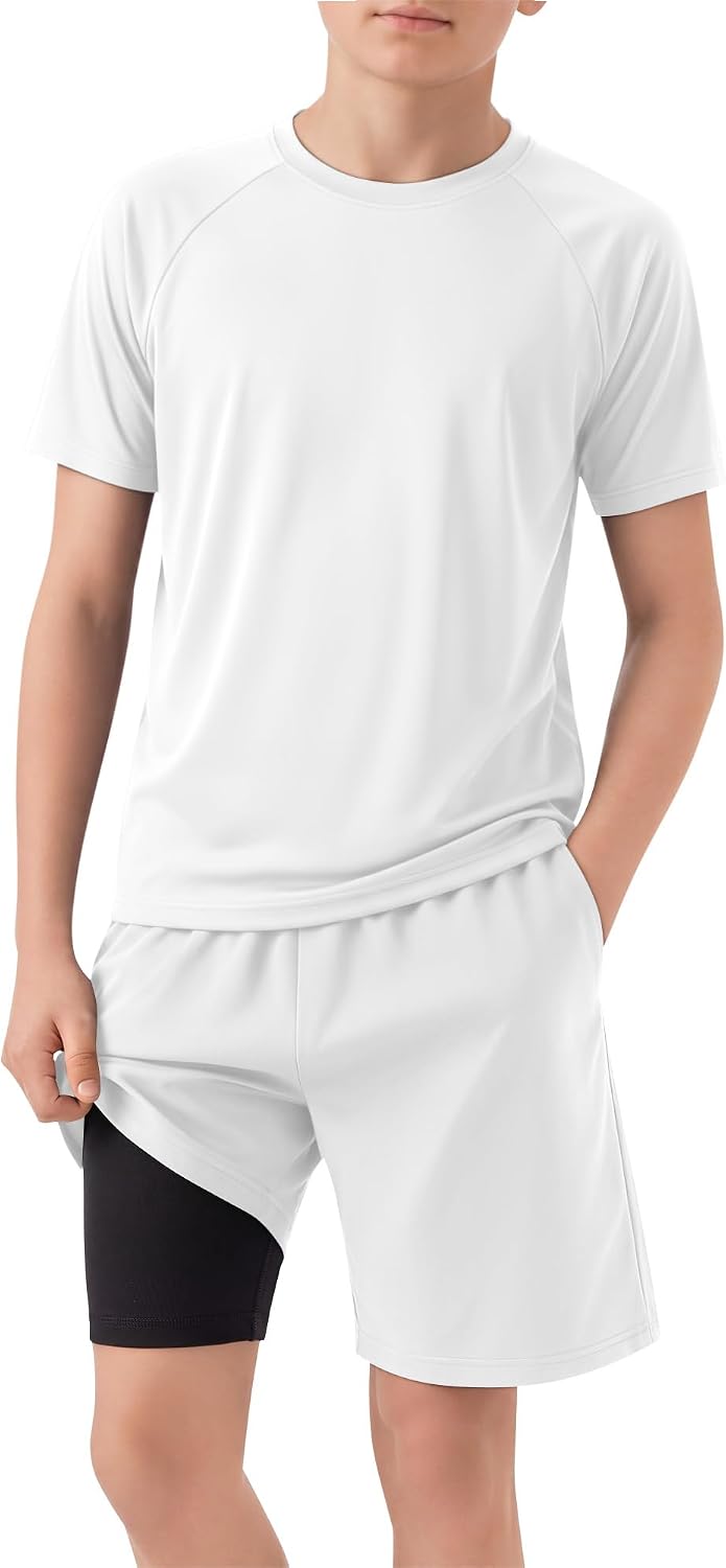 Boys Rash Guard Swim Set with Swim Trunks 2 Piece UPF 50+ Short Sleeve Bathing Suit Kids Quick Dry Swimwear 5-14 Y