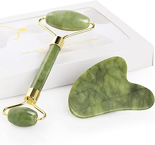 GeeRic Jade Roller&Gua Sha Scraping Massage Tool Anti-aging Quartz Natural Facial Jade Stone Set - Face Eye Neck Beauty Roller For Slimming&Firming - Rejuvenate Skin & Remove Wrinkles