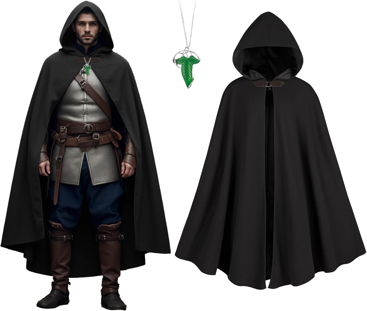 QPAXUCR Cloak with Hood Men,Medieval Costume Men Round Metal Buckle Cloak with Green Leaf Brooch Necklace for Halloween