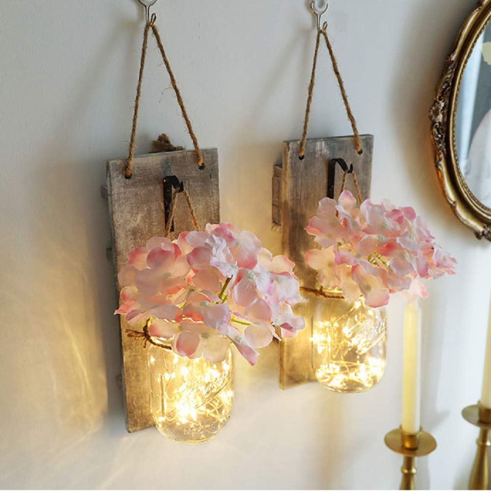 Mason Jar Sconces, Home Decoration, Rustic Wall Sconces, LED Fairy Lights, Green Fake Plant Flower Interior Decoration (GreyBoard-pinkFlower)
