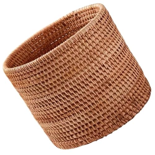 Jarrón de ratán hecho a mano, almacenamiento cilíndrico, papelera de escritorio, cesta de almacenamiento de ratán (7.9 in)