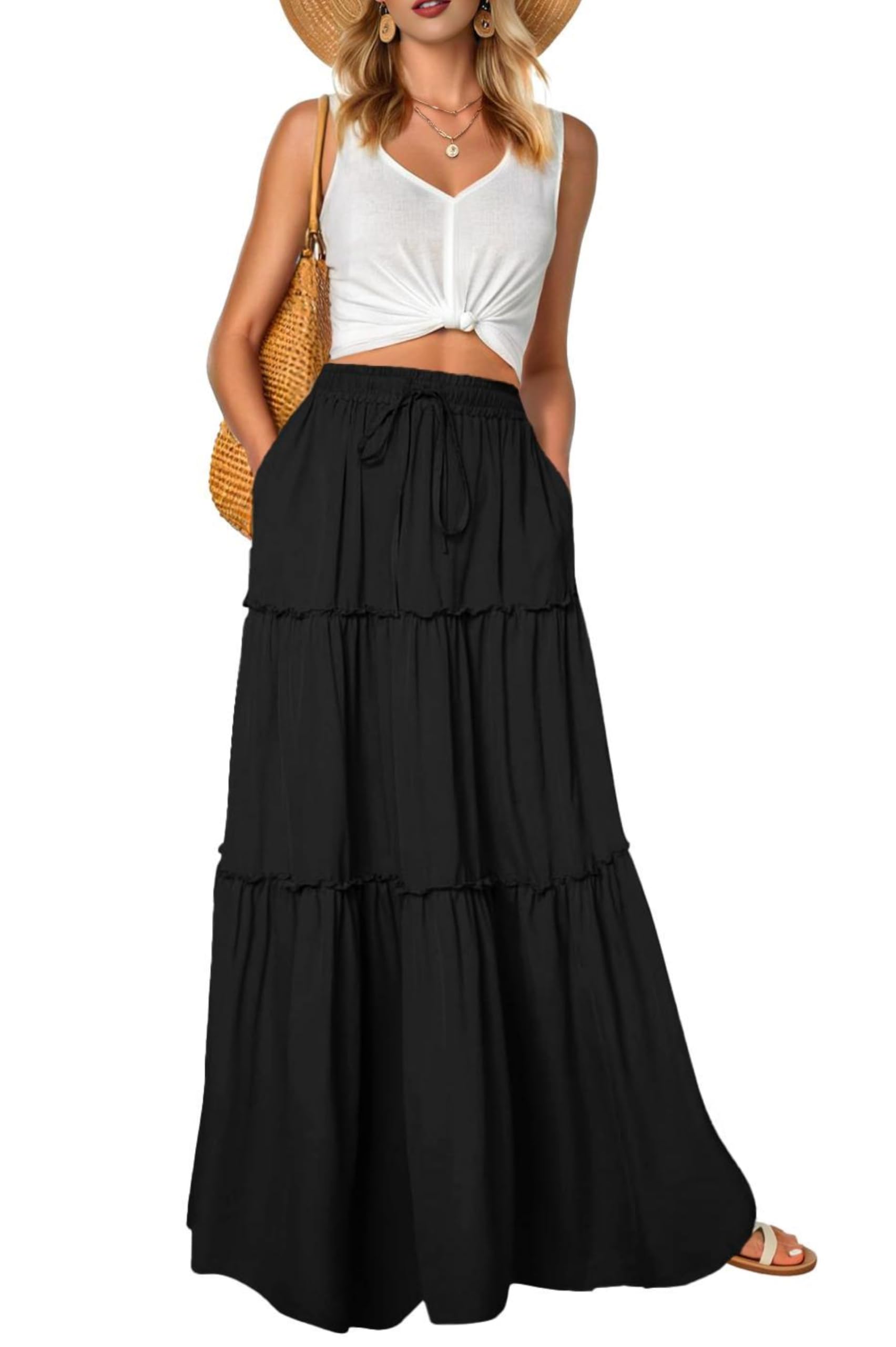 QIXING Damen Maxirock Sommer Boho Blumen Muster Hohe Taille Elastischer Bund Langer Fließender Rock mit Taschen Stufenrock Elegant Luftig