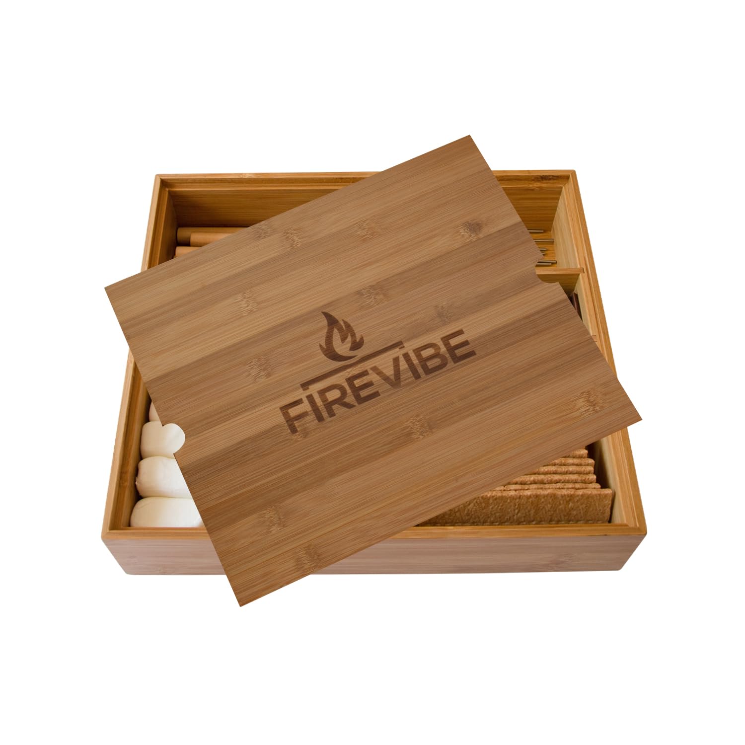 FireVibe Smores Kit | Custom Bamboo Box with 6 Piece Smores Sticks for Fire Pit | Attractive Portable Smores Kit for Fire Pit Outdoor or Indoor Smores Kits | Smore Kit with Smore Sticks